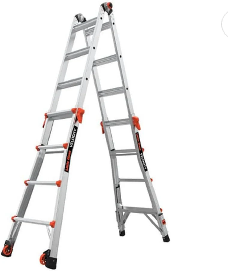 17FT Aluminum Multi-Position Folding Ladder, 300LB Capacity, 18FT Extension, Ratchet Leveler, Wheels