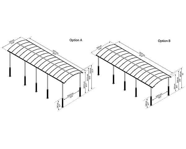 Carport Arcadia Alpine 106 gris anthracite toit arrondi 10,7 x 3,59 m