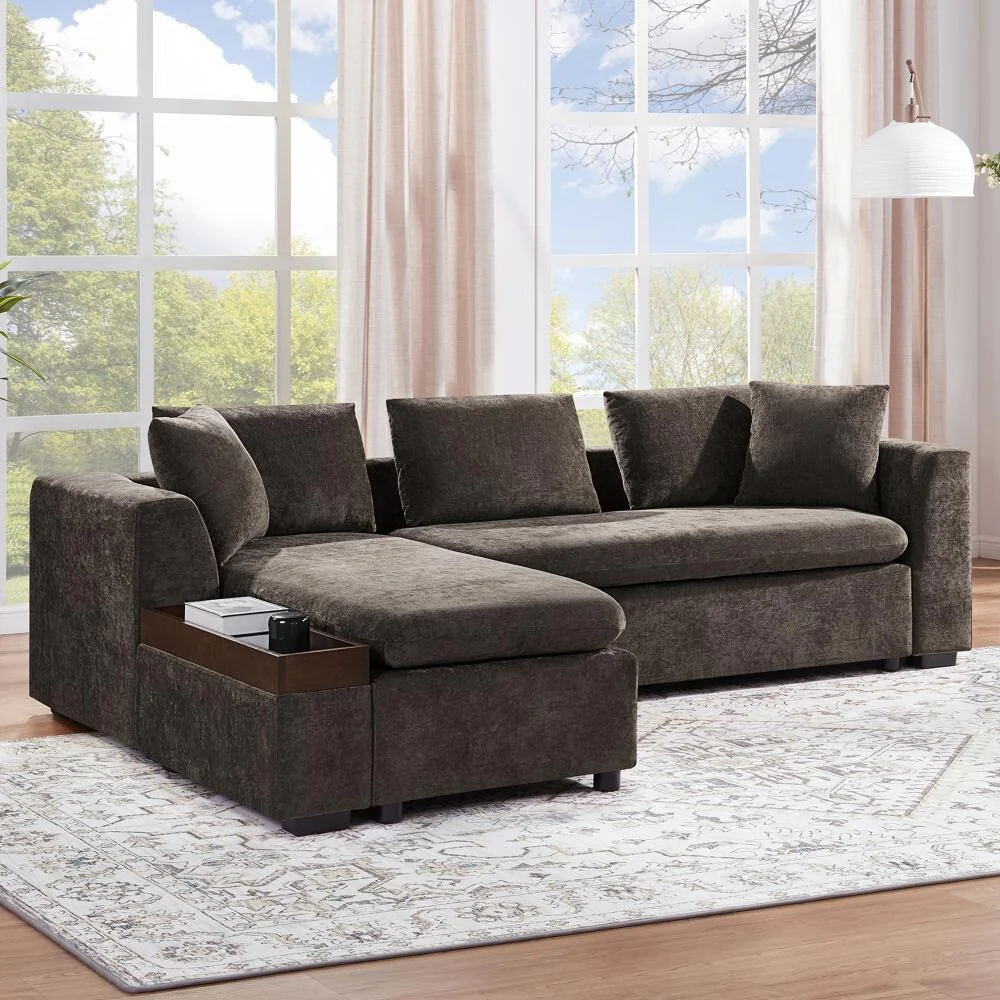 93.7 Modern L-shaped Upholstered Sectional Sofa with Wooden Storage Compartment