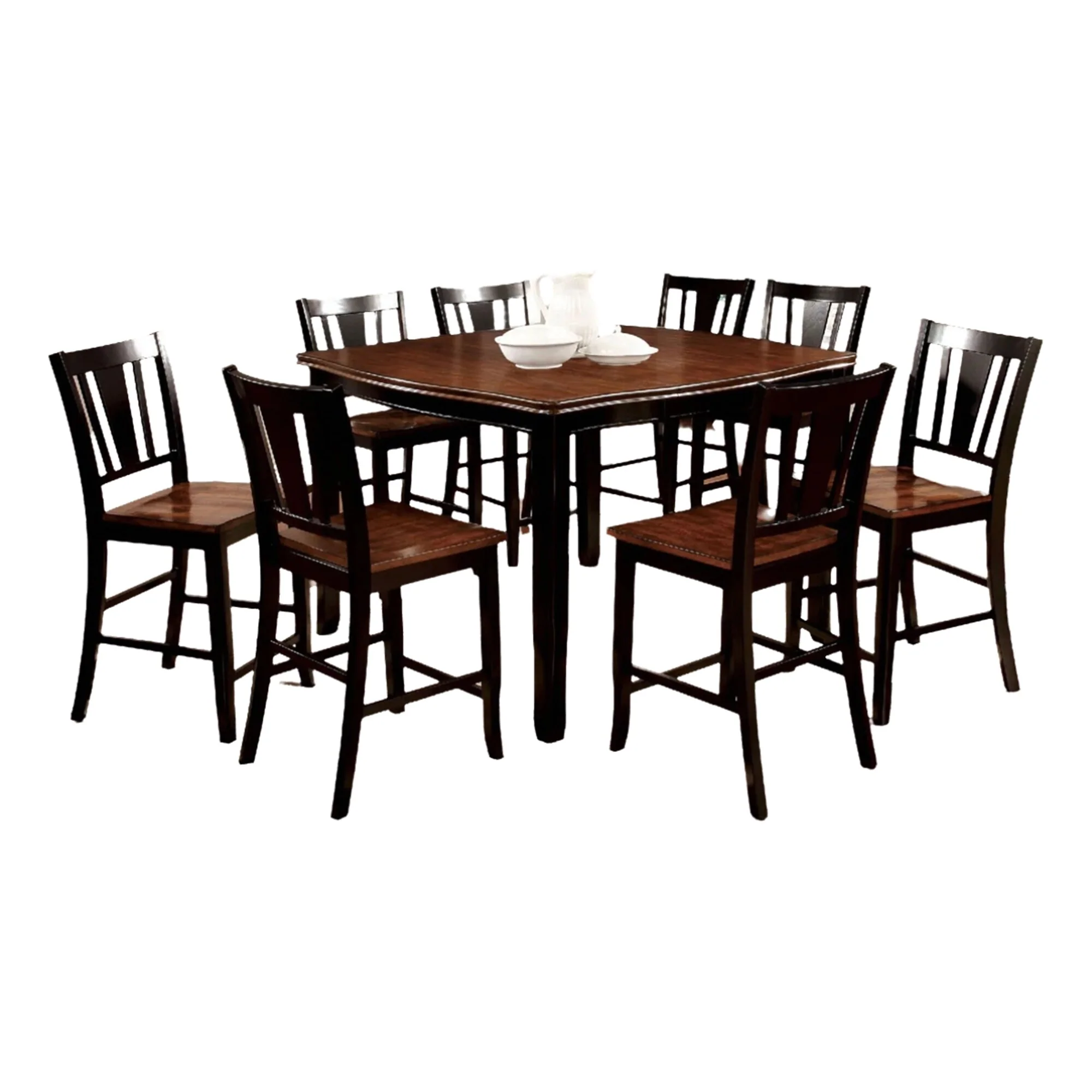 Vemy 9pc Counter Height Dining Table n Chair Set, Black, Cherry Brown