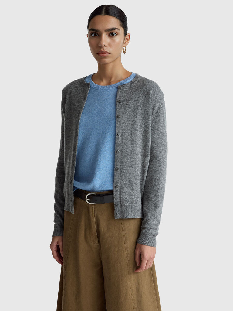 Mouse gray crew neck cardigan in pure Merino wool