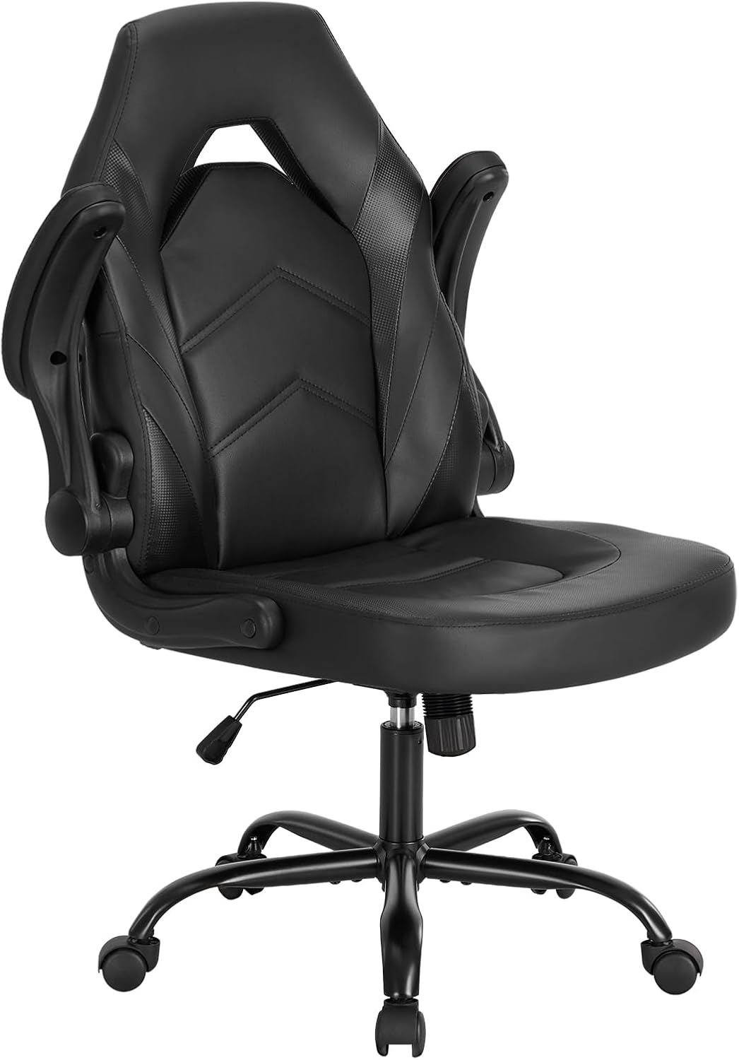 Sweetcrispy Computer Gaming Desk Chair - Big Tall Ergonomic Lumbar Support with Flip-up Armrest and 360° Swivel Wheels, PU Leather Height Adjustable, for Home and Office, Black