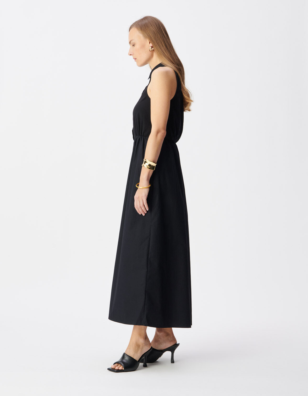 Robe longue noire boutonnée bi-matière Femme