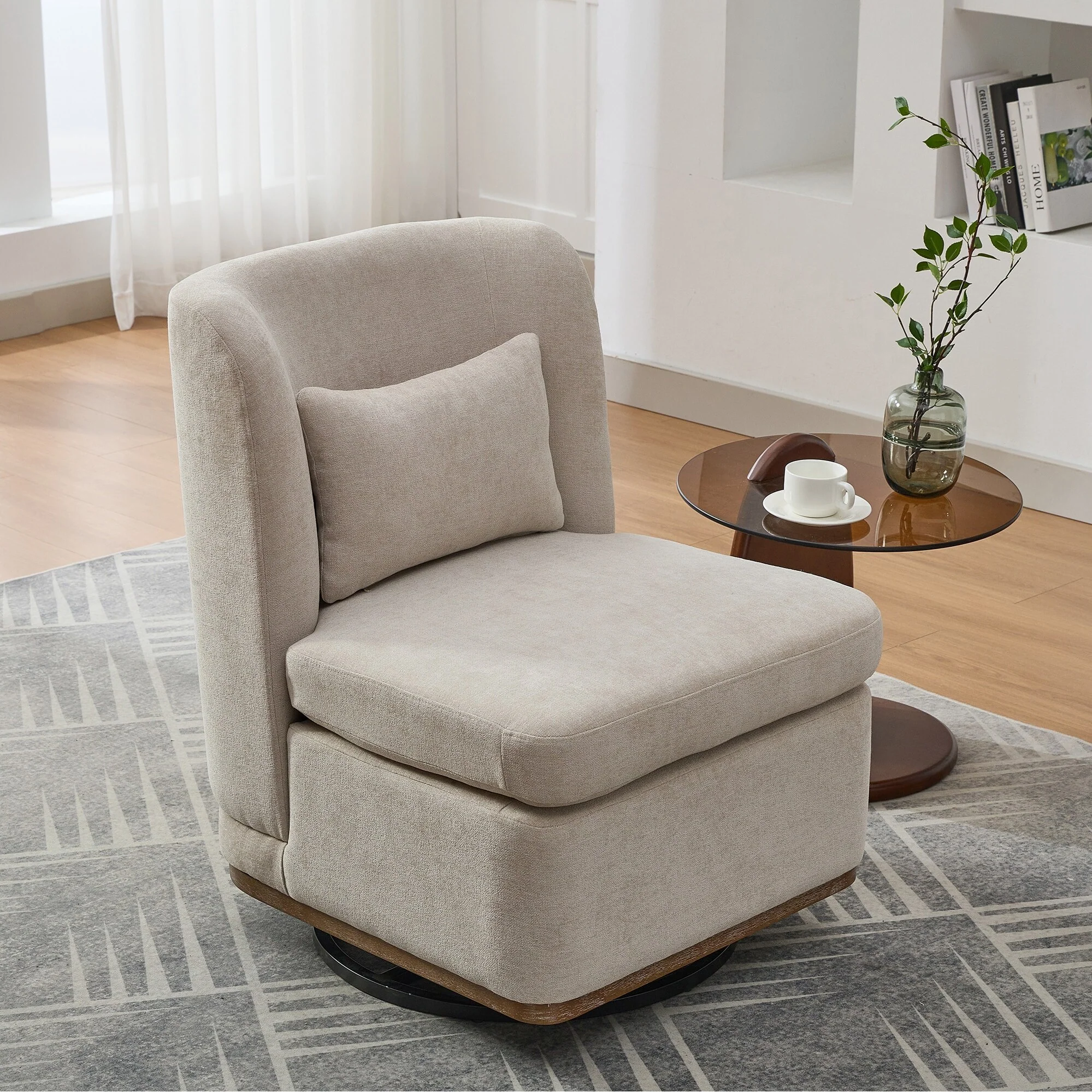 Modern Chenille Cushioned Armless Metal Base 360° Swivel Chair with Pillow