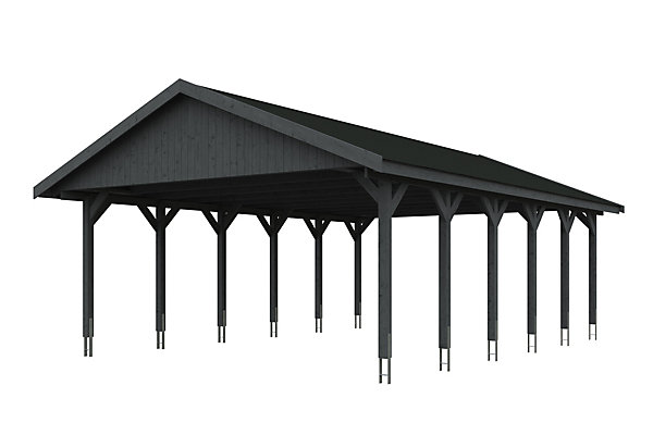 Carport SKAN HOLZ Wallgau 620 x 900 cm, traitement coloré gris ardoise, avec bardeaux noirs