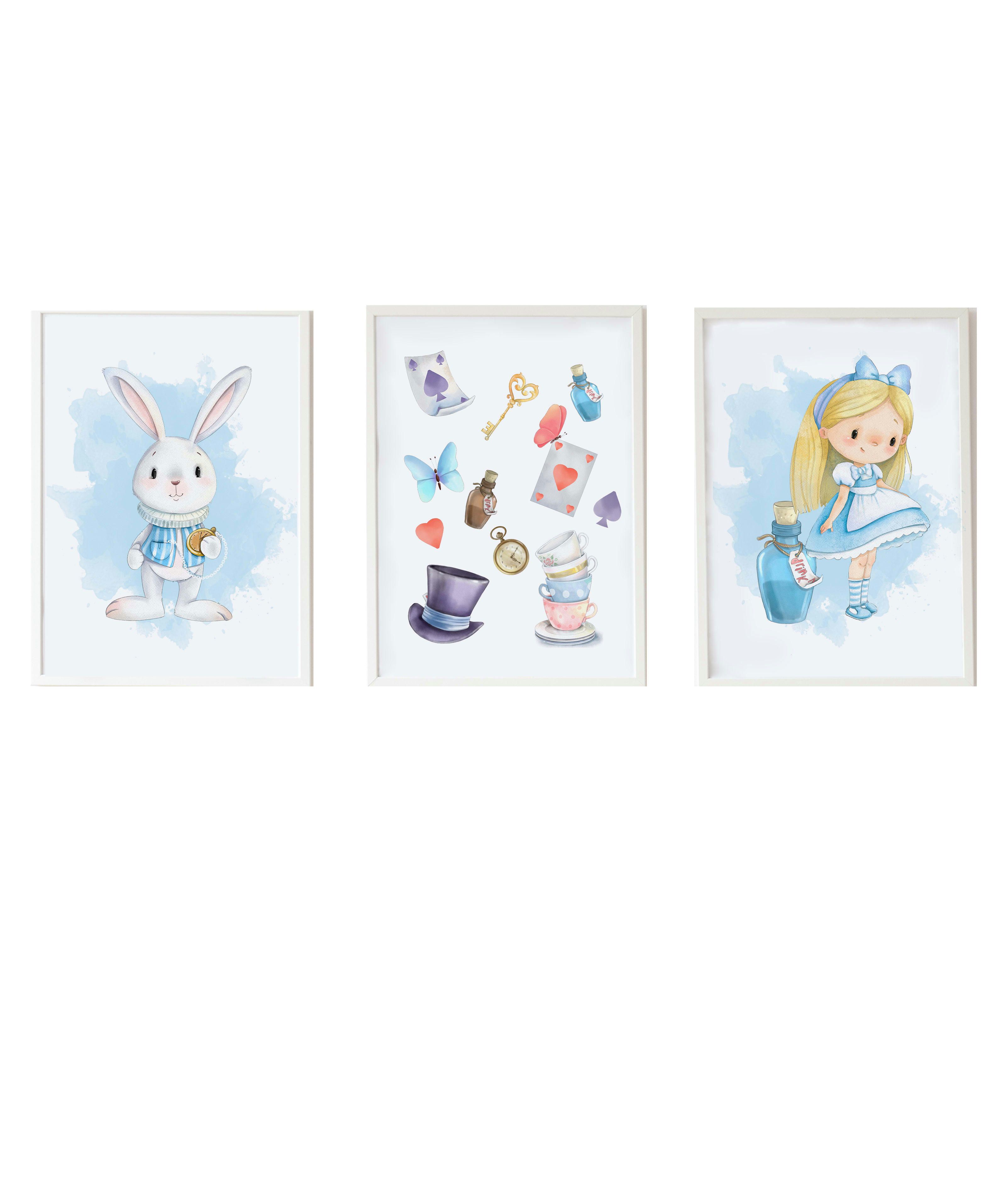 DECOWALL - Pack encadré bois blanc impression le lapin Alice et objets 43X33 cm