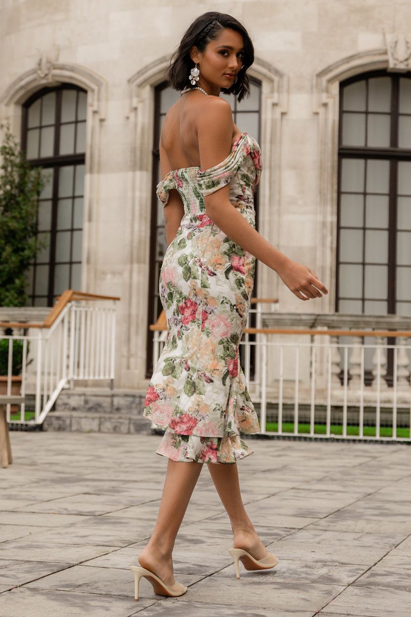 Goddiva Cowl Neck Floral Print Jacquard Chiffon Tiered Midi Dress