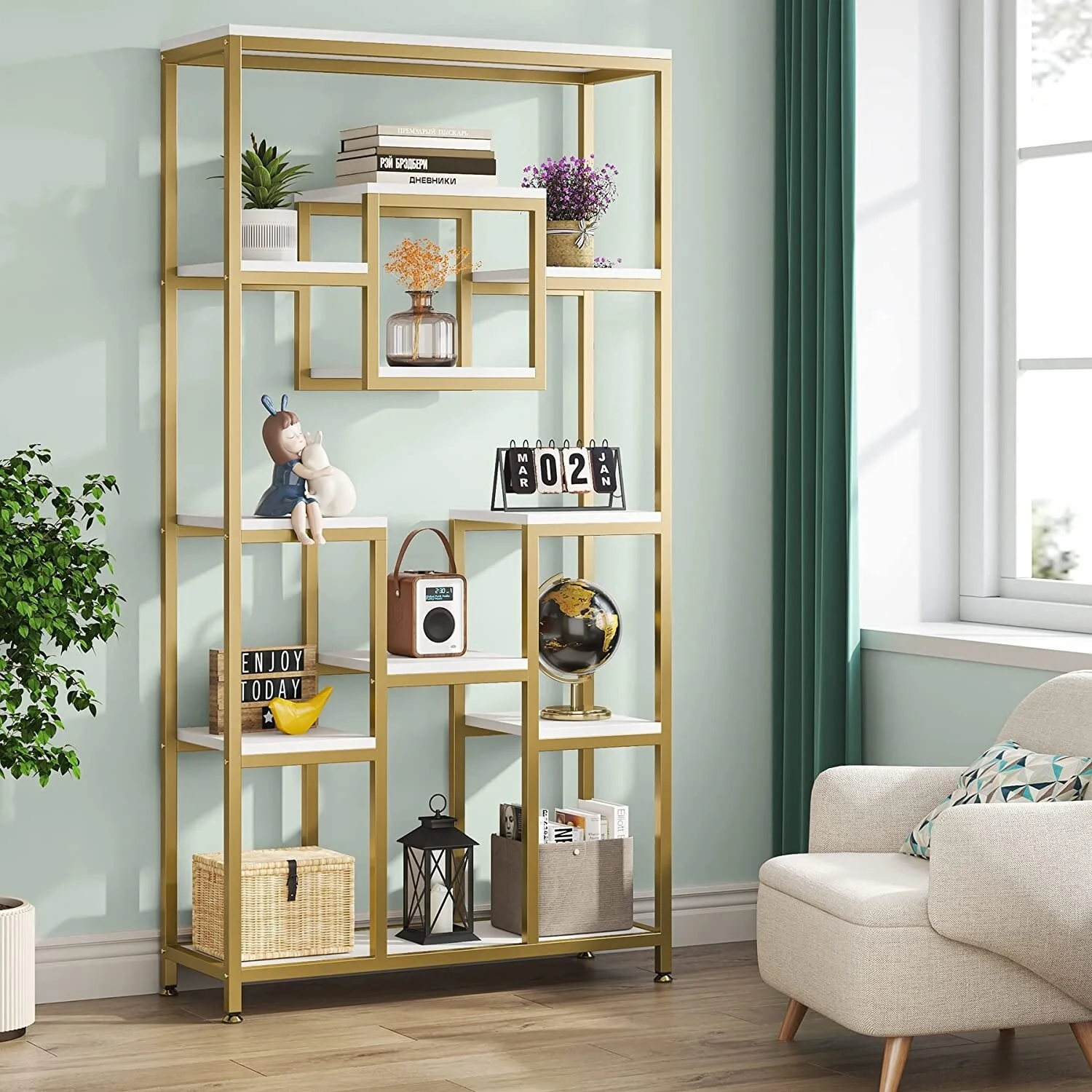 71 Inch Tall Bookshelf, Freestanding Geometric Bookcase, White and Gold