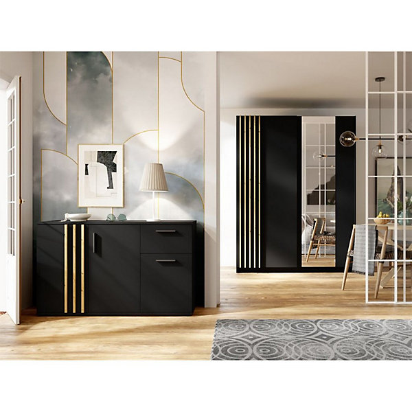 Commode VARIA - 3 portes et 1 tiroir - Design moderne coloris noir et chene Artisan