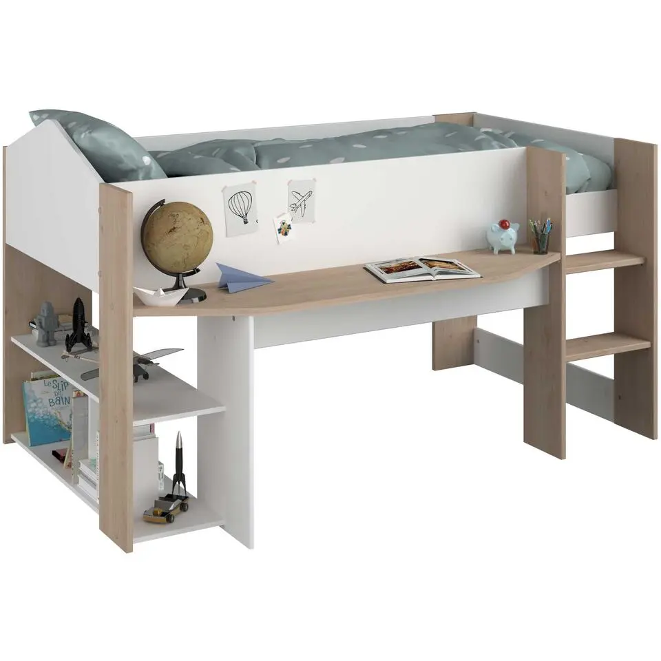 Halfhoogslaper Shelby - 90x200 - met bureau en opbergruimte - wit/eikdecor