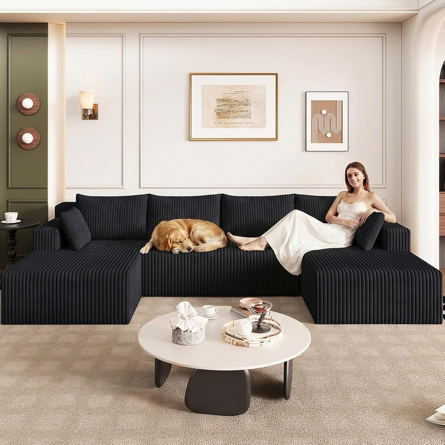 124 Modular Sectional Sofa, Modern Corduroy Cloud Couch with Deep Seat, Boneless Couch Upholstered 4-Seater U-Shaped Sofa for Living Room, No Assembly Required (Black)