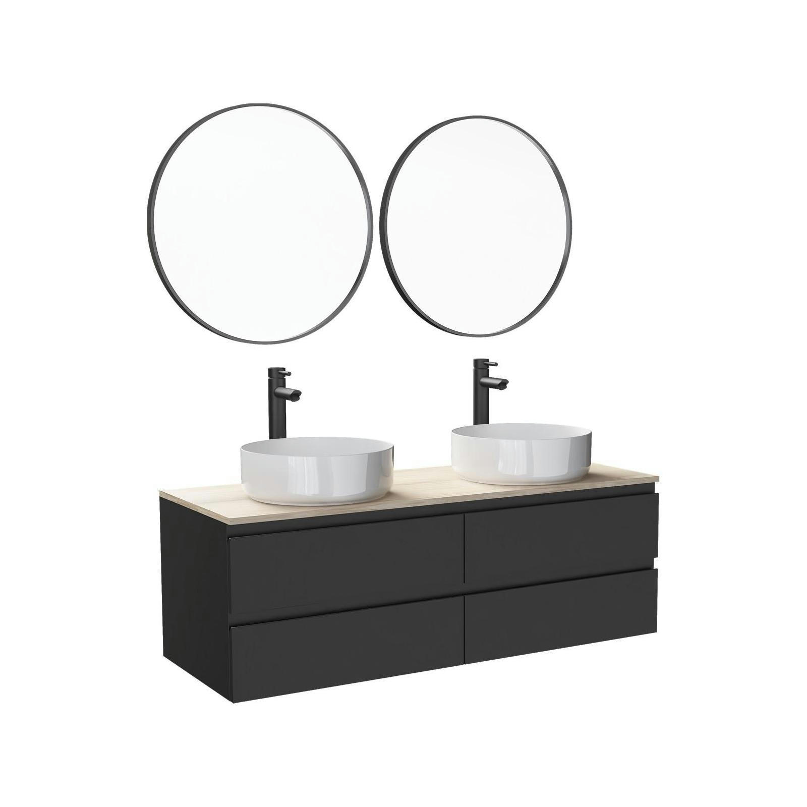 SORRENTO - Meuble double vasque 120cm avec plan bois  Noir +vasque+robinet+miroir
