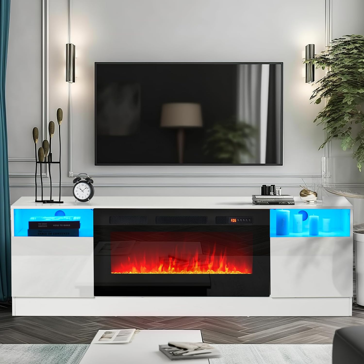 oneinmil Fireplace TV Stand with 36 Electric Fireplace, LED Light Entertainment Center, Modern Wood Texture Highlight Storage Cabinet for TVs Up to 80, 70 inches,White