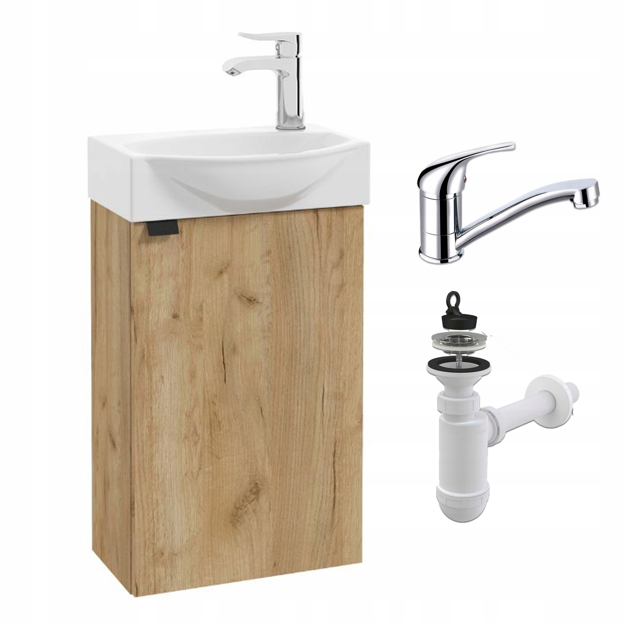 Szafka Łazienkowa 40 cm z Umywalką Wisząca Dąb Craft Złoty Bateria Obrotowa