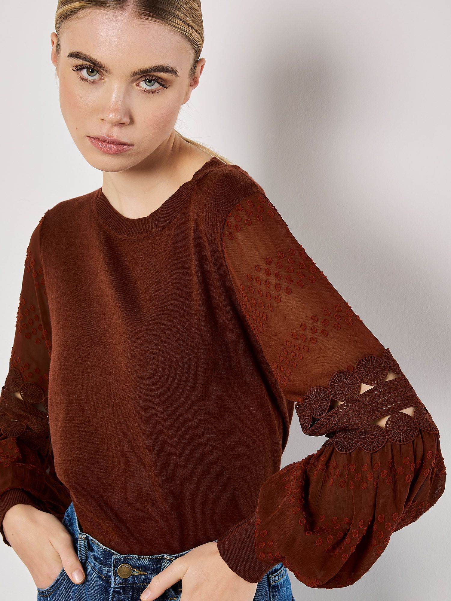 Apricot Contrast Chiffon Sleeves Jumper