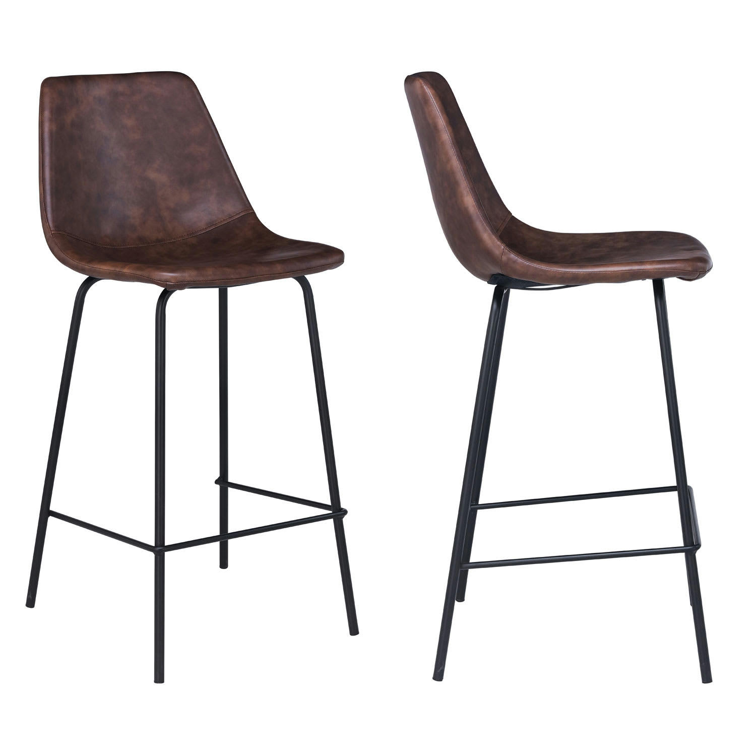 LUCIEN - Lot de 2 tabourets de bar vintage 65cm en simili cuir marron