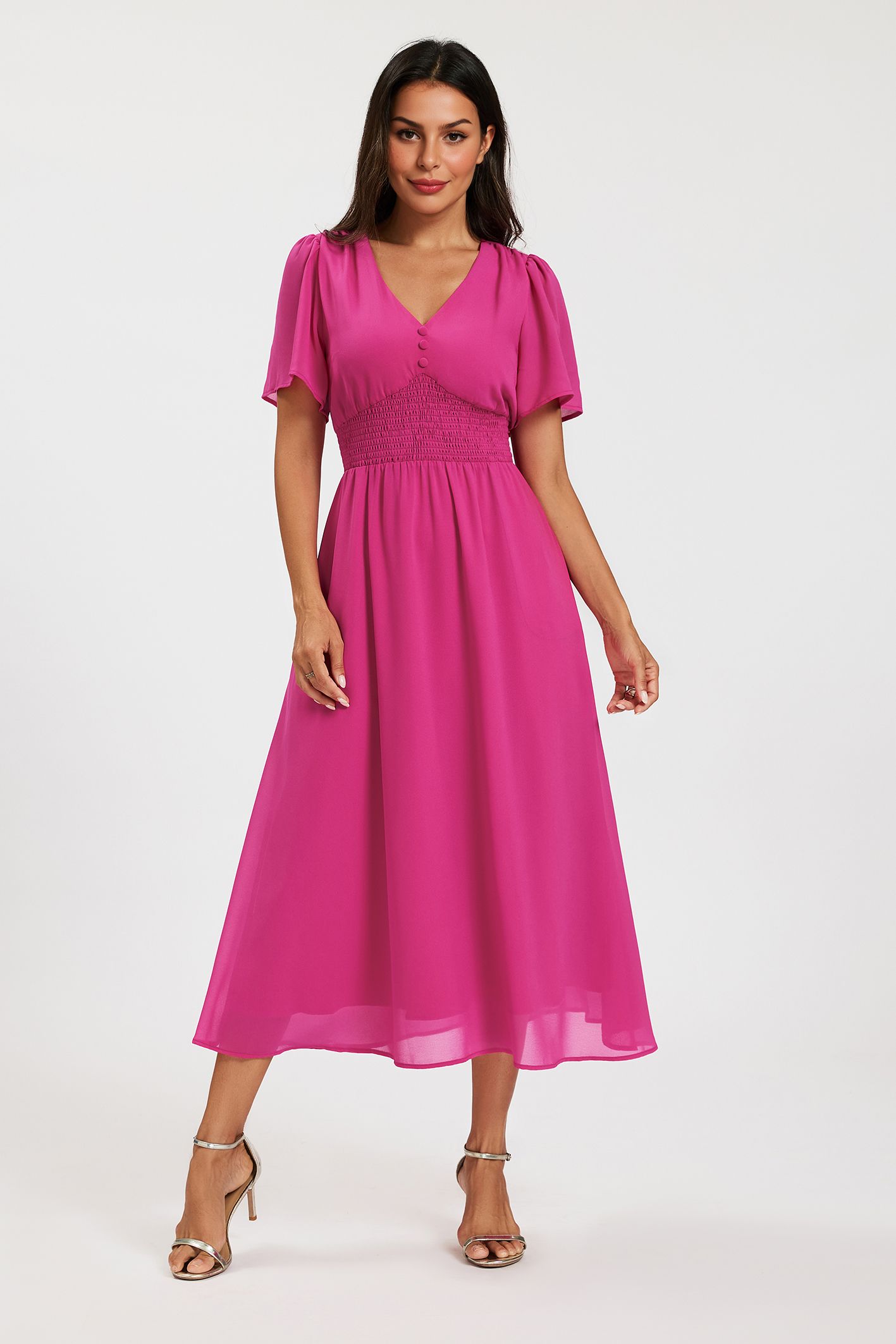 FS Collection V Neckline Shirred Waist Midi Dress