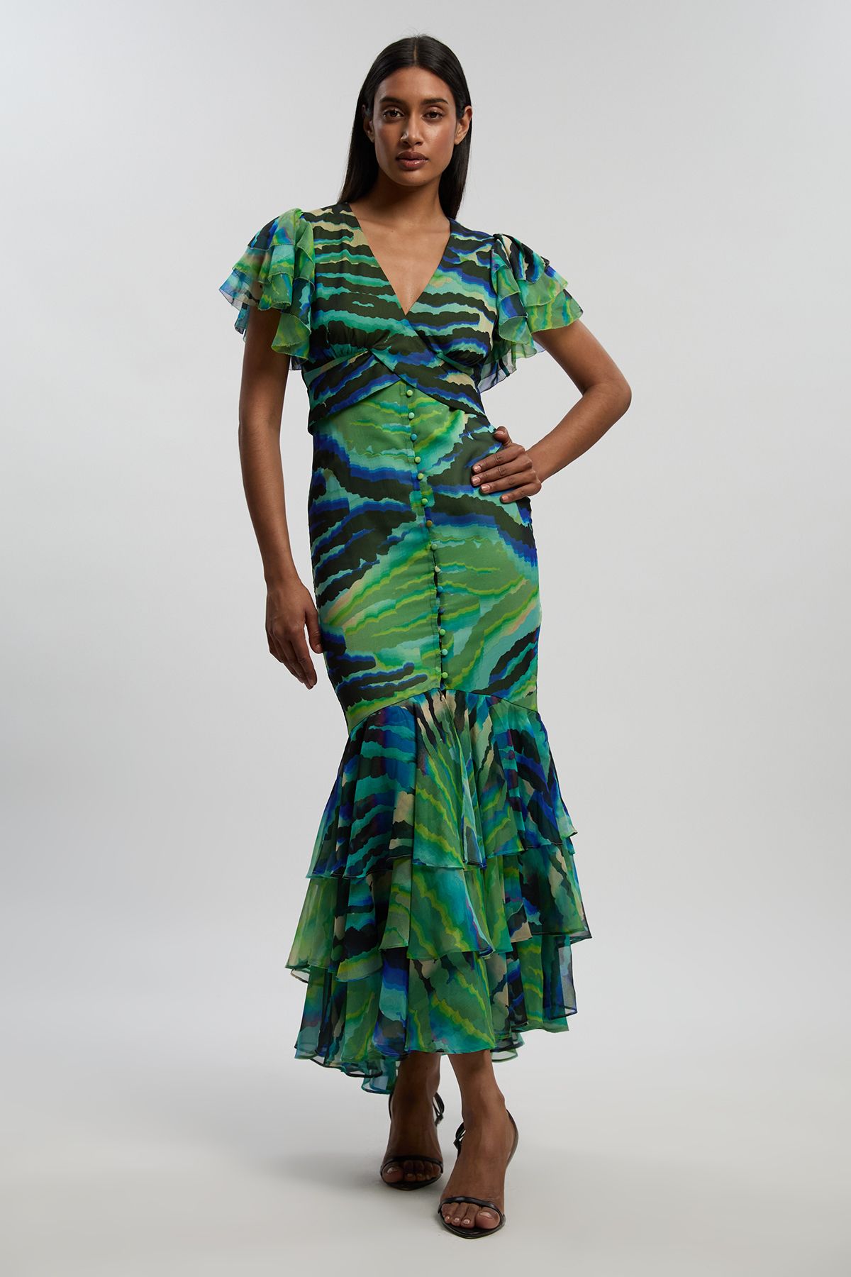 KarenMillen Animal Ruffle Sleeve Button Through Maxi Dress