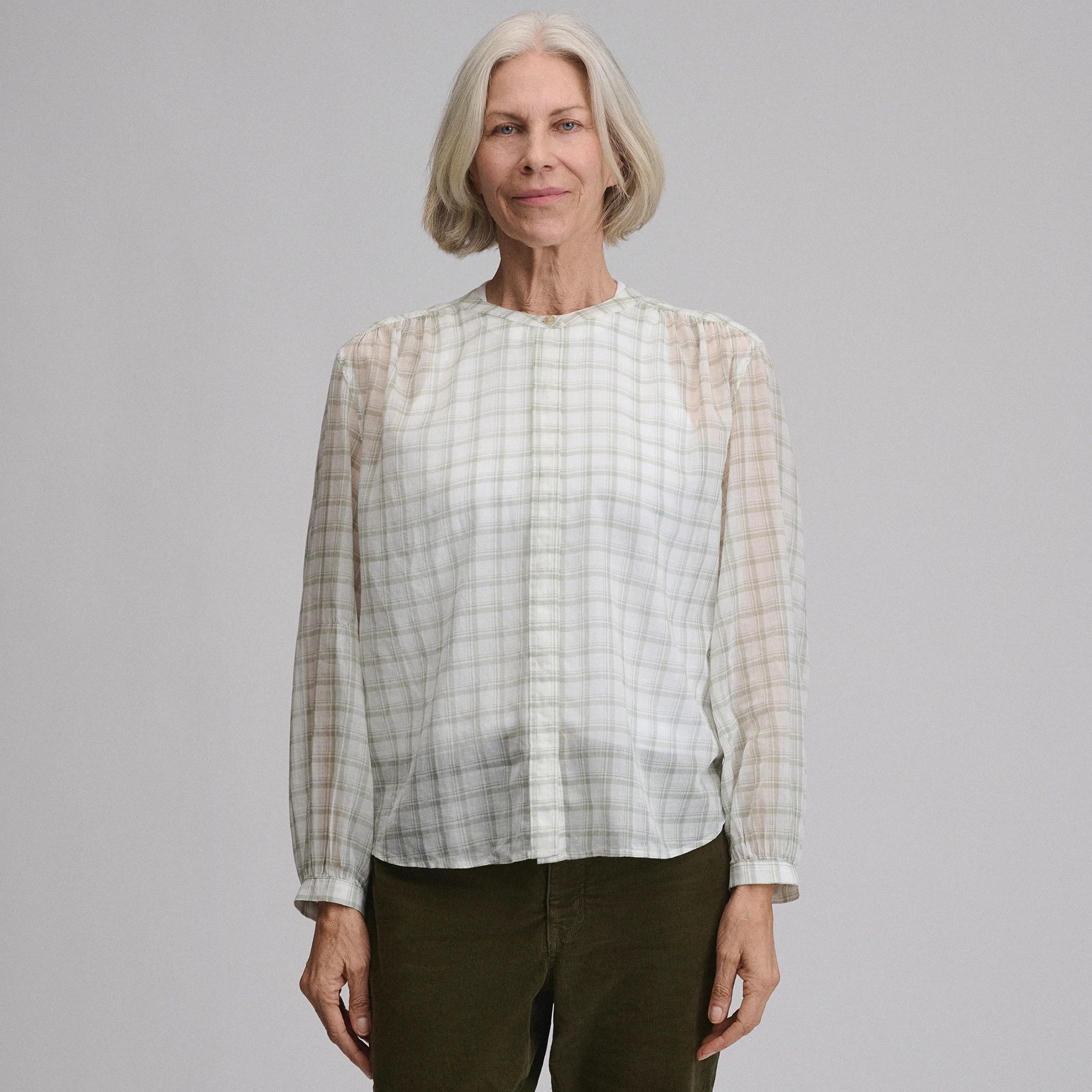 Women's Long-Sleeve Collarless Button-Down Shirt