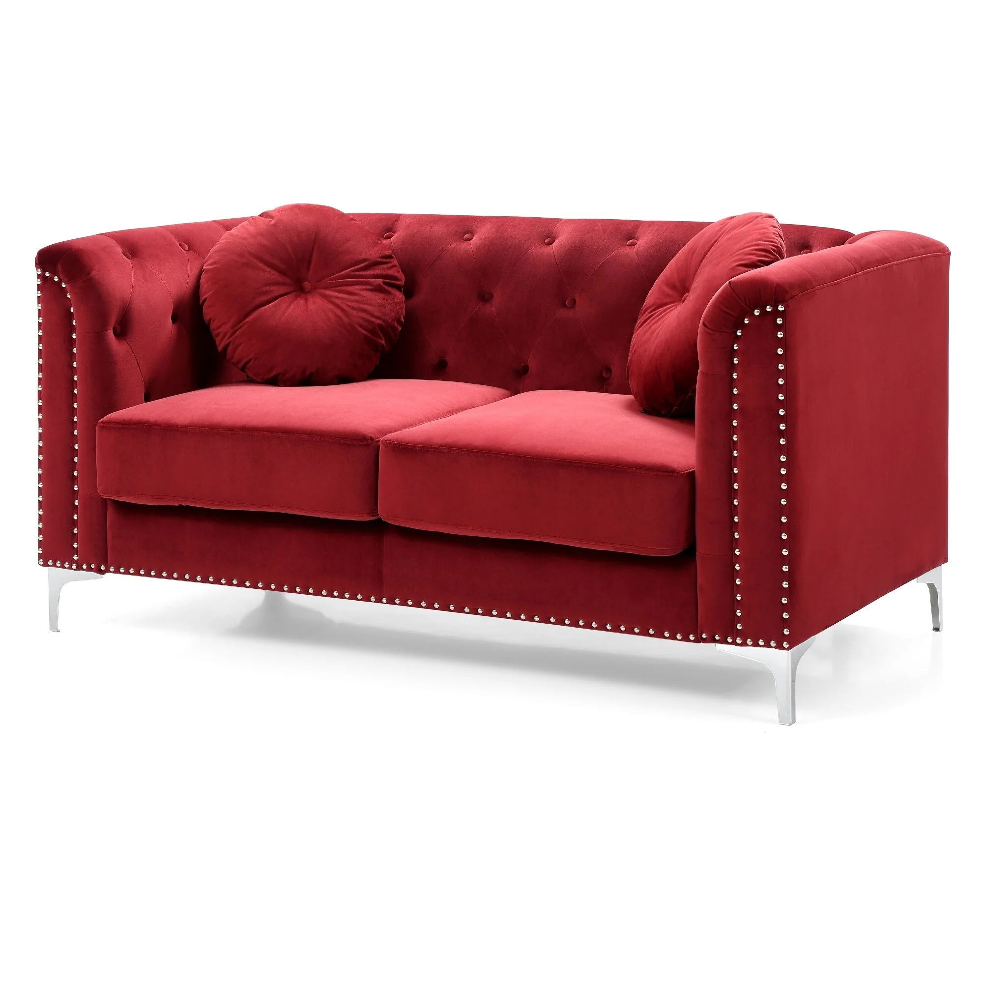 Velvet Button Tufted Loveseat with Throw Pillows - 62 - Red