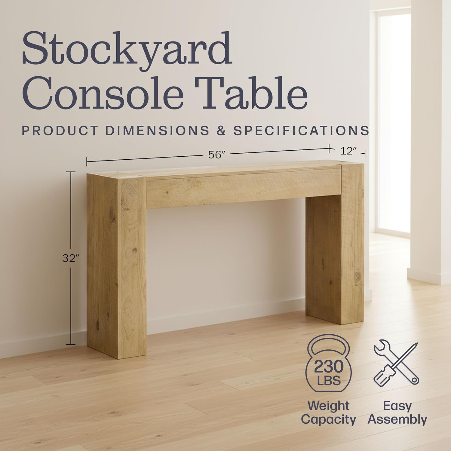 Alaterre Furniture Stockyard Solid Wood Console Table - 56 Inch Modern Farmhouse Entryway Table - Easy Assembly Living Room Furniture for Behind The Couch, Entryway, or Hallway (Light Oak)