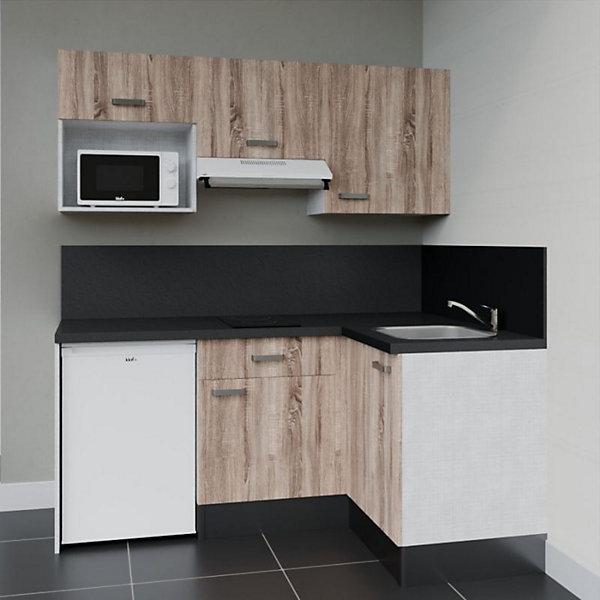 Kitchenette KA03 façades Bois - Plan de travail Noir texturé - Crédences : Oui - Evier inox - Electroménager Blanc inclus
