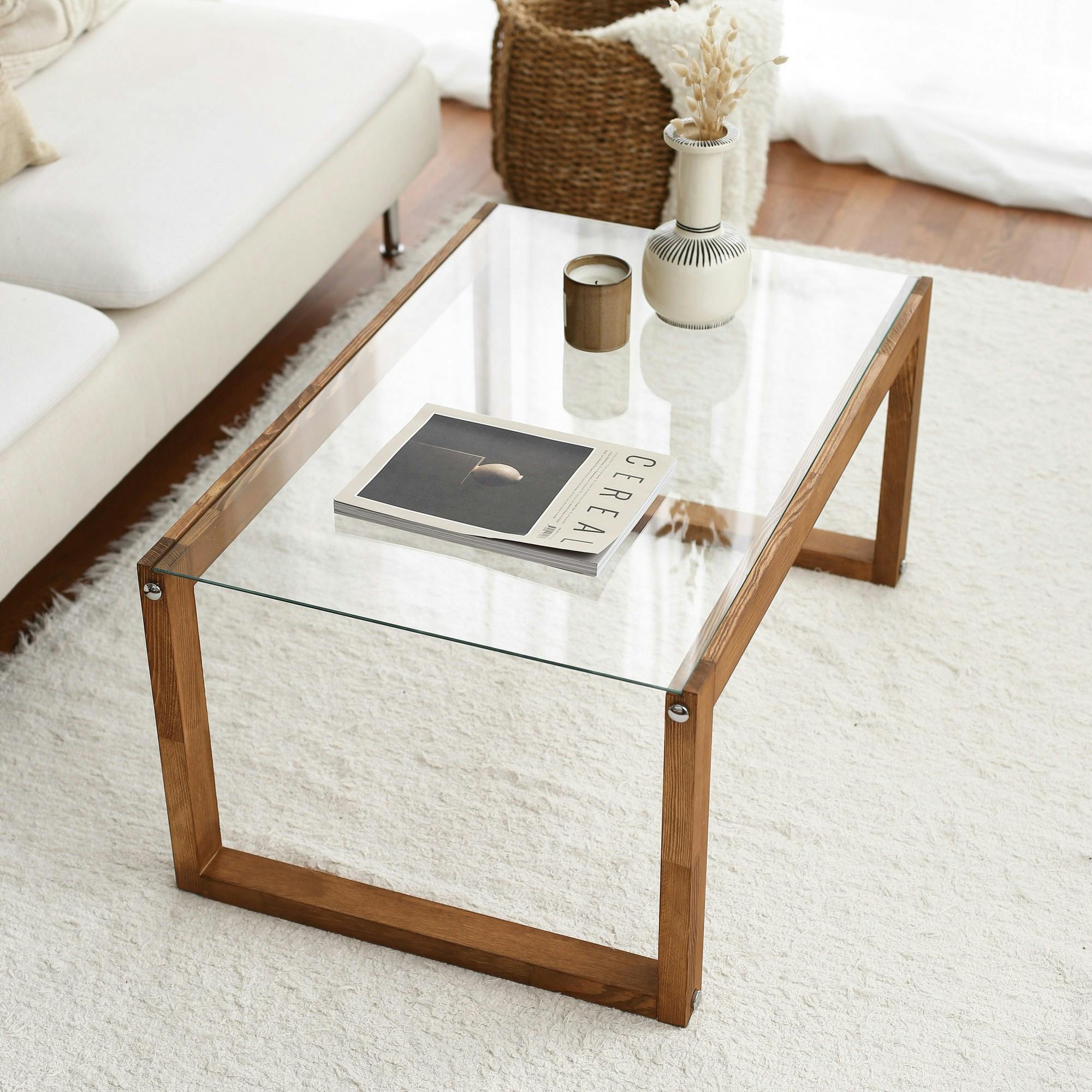 Table basse verre et bois brun - forme rectangle LHASA
