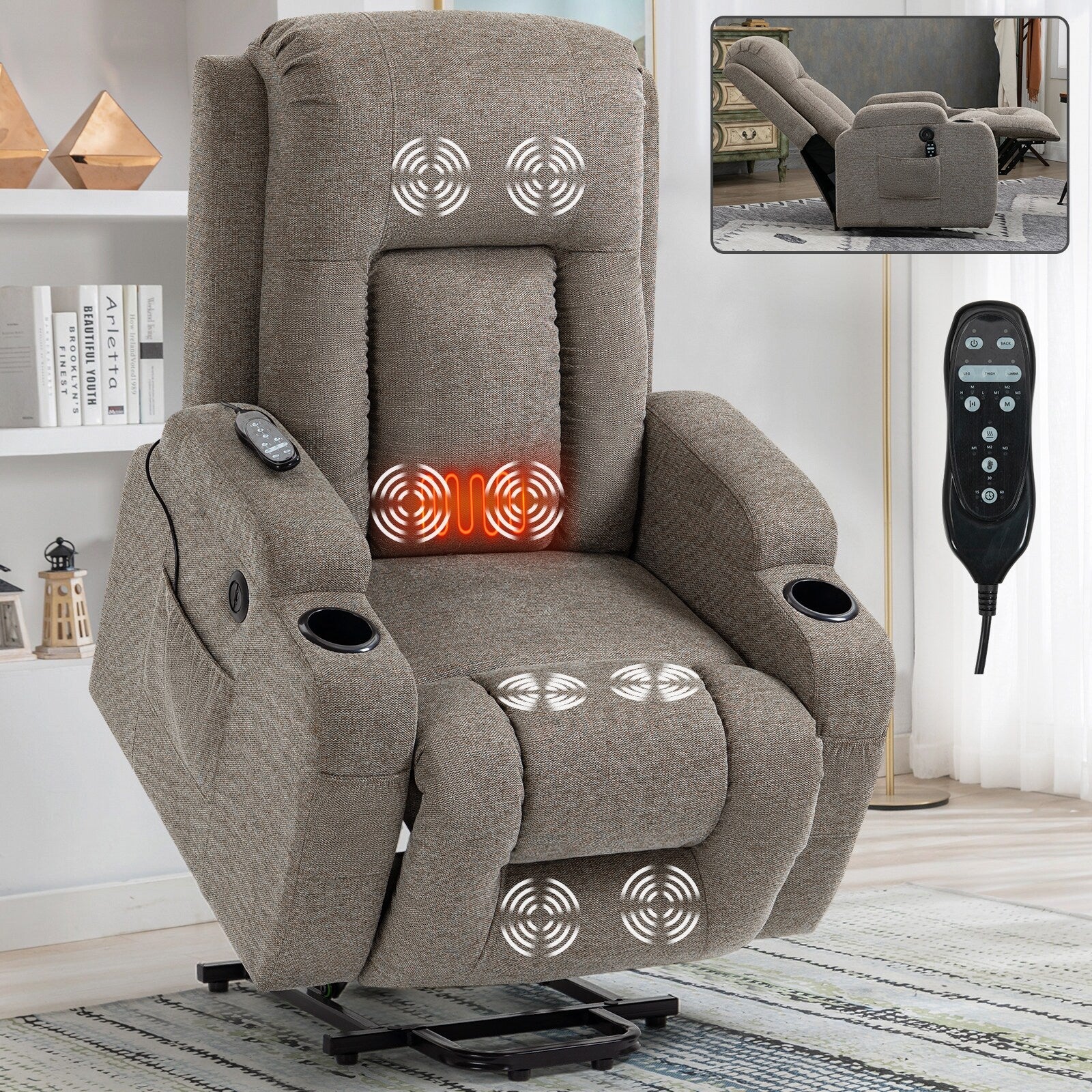 Grey Lift Recliner for Seniors with Massage & Heat, USB Charging, Cup Holders, and Adjustable Reclining Angles