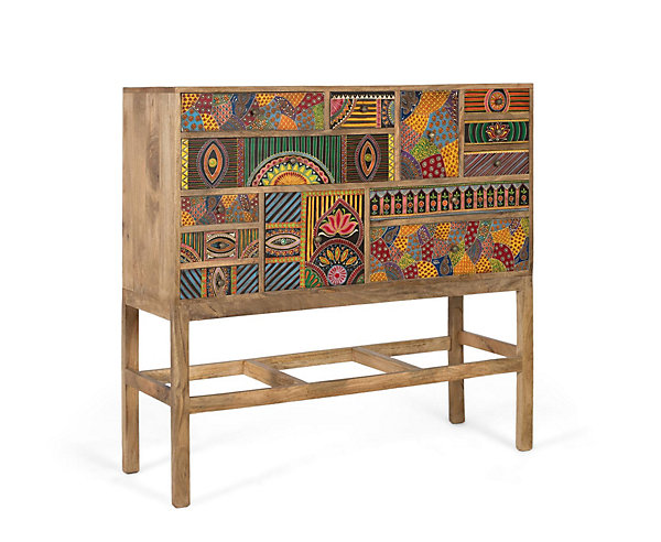 Console en bois de manguier massif avec détails peints à la main