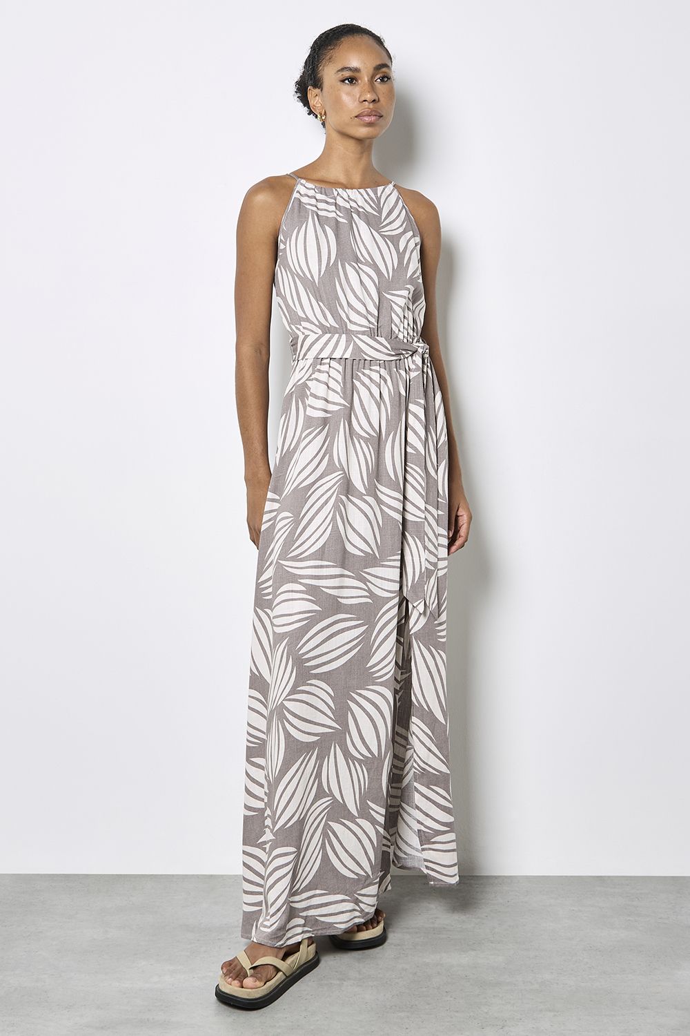 Apricot Shell Print Linen Blend Maxi Dress