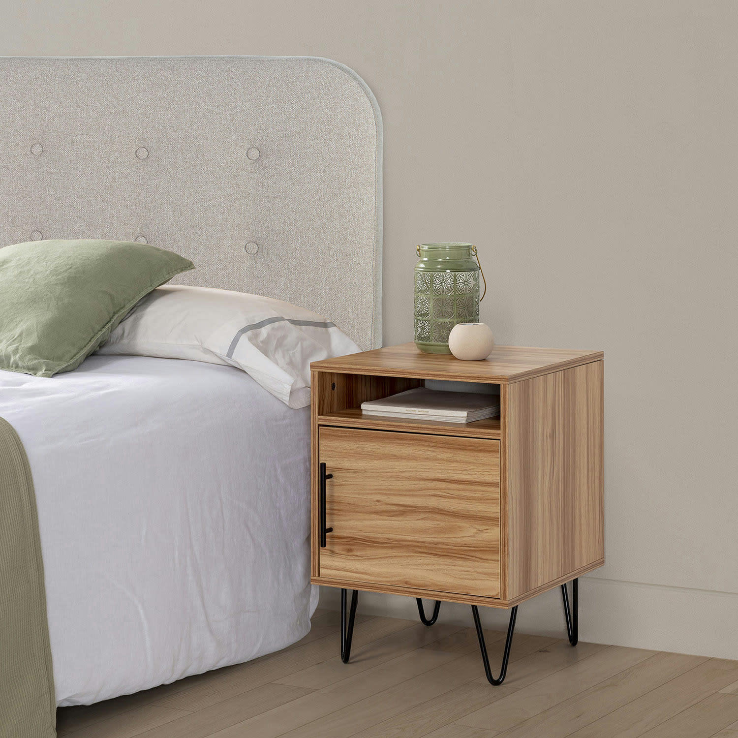 ALMA - Table de chevet 1 porte coloris bois, pieds métal