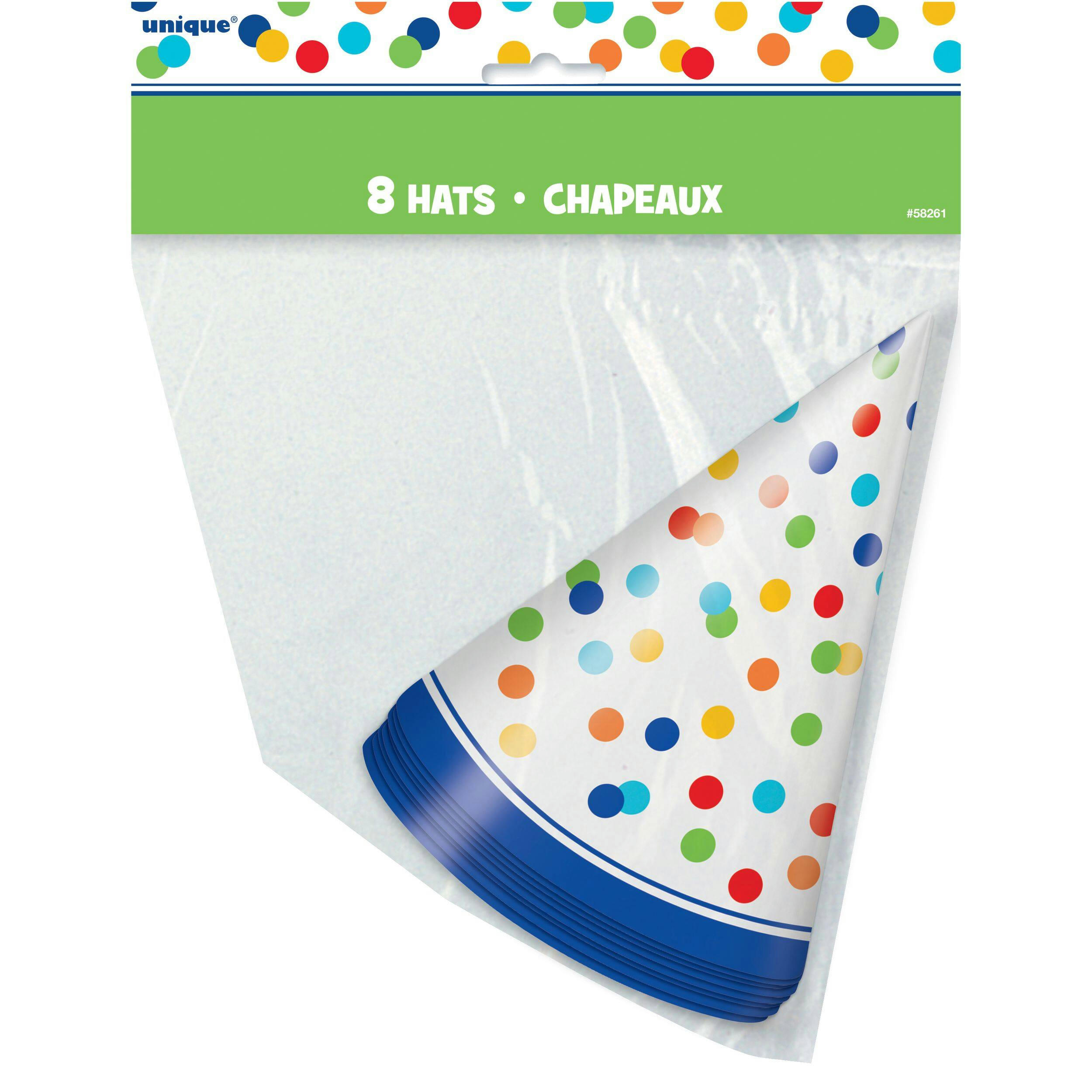 Cone Party Hats, Multi-Coloured Polka Dots, One Size, 8-pk, Wearable Accessories for Birthdays