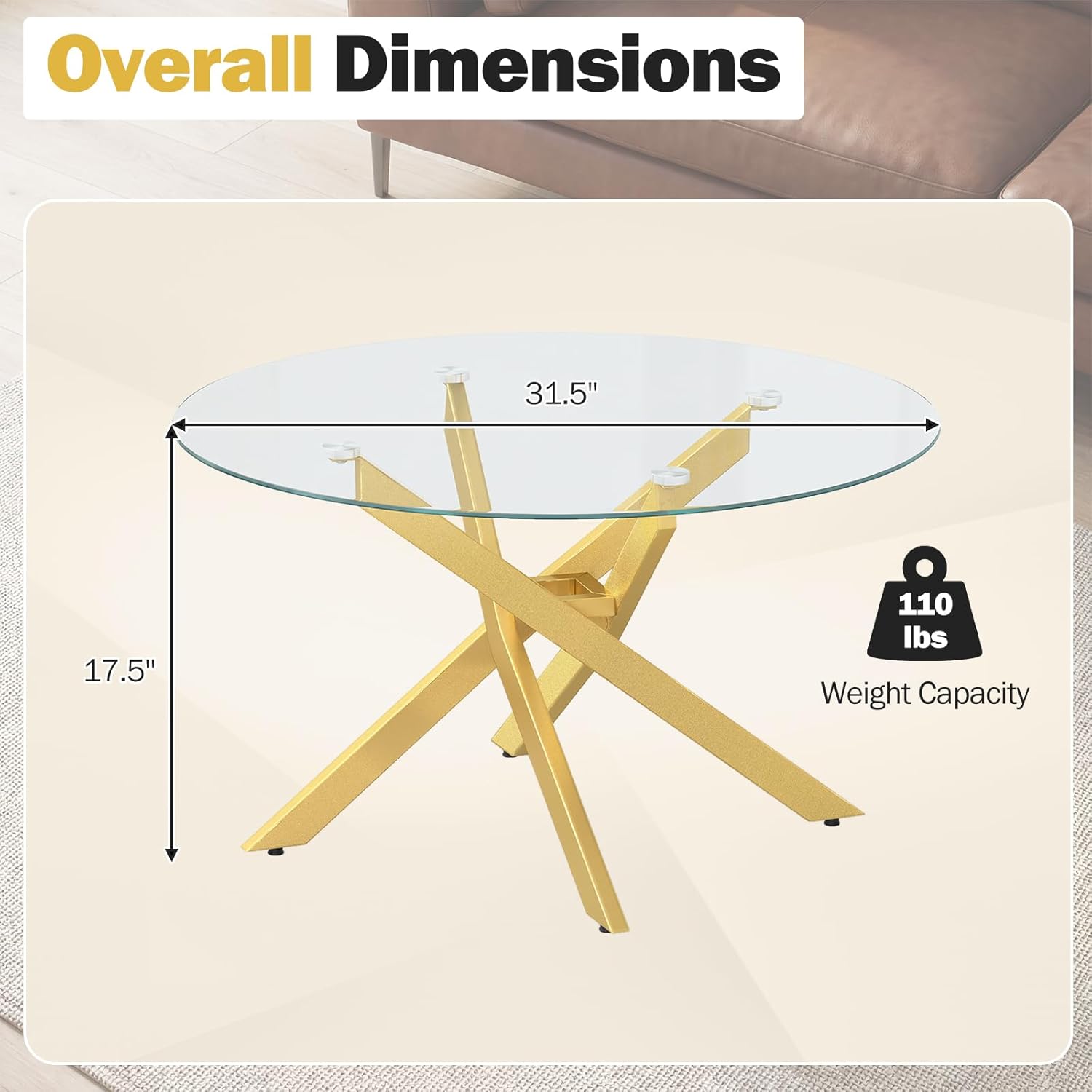 Giantex Round Glass Coffee Table, 31.5 Modern Center Table with Tempered Glass Top & Geometric Metal Frame, Clear Accent Cocktail Table, Small Coffee Table for Living Room, Small Spaces (Gold)