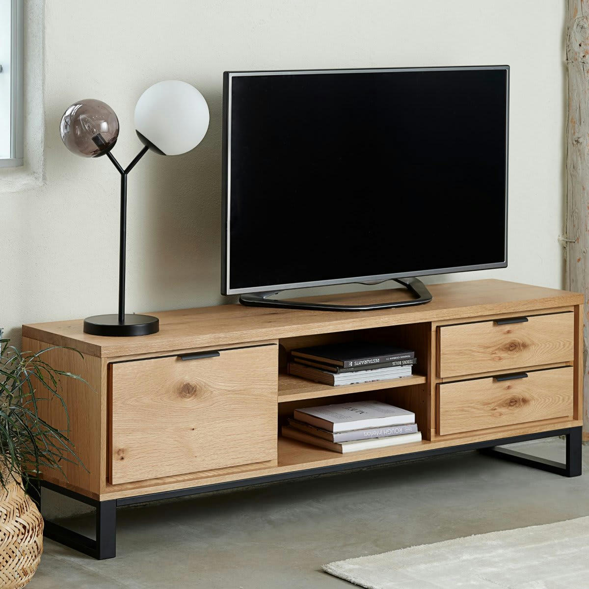 YAIR - Meuble TV moderne en bois massif avec rangements