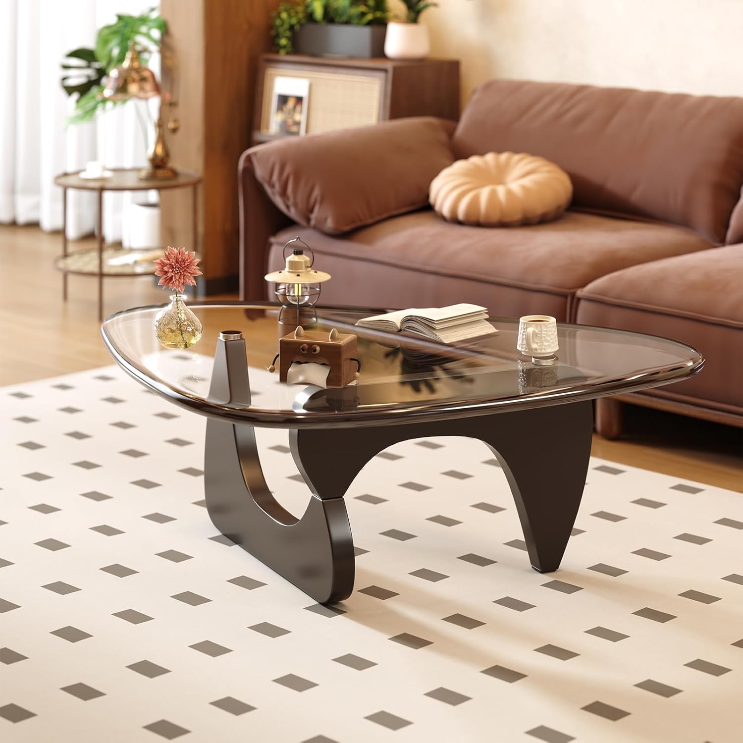 Coffee Table for Living Room Mid Century Modern Center Small Table with Glass Top and Wood, Black Transparent(32 Inch)