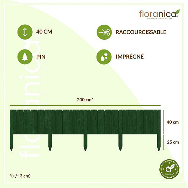 Floranica Bordure de jardin en bois flexible 40 x 200 cm Vert avec piquets, idéale pour délimiter pelouse et massifs de fleurs
