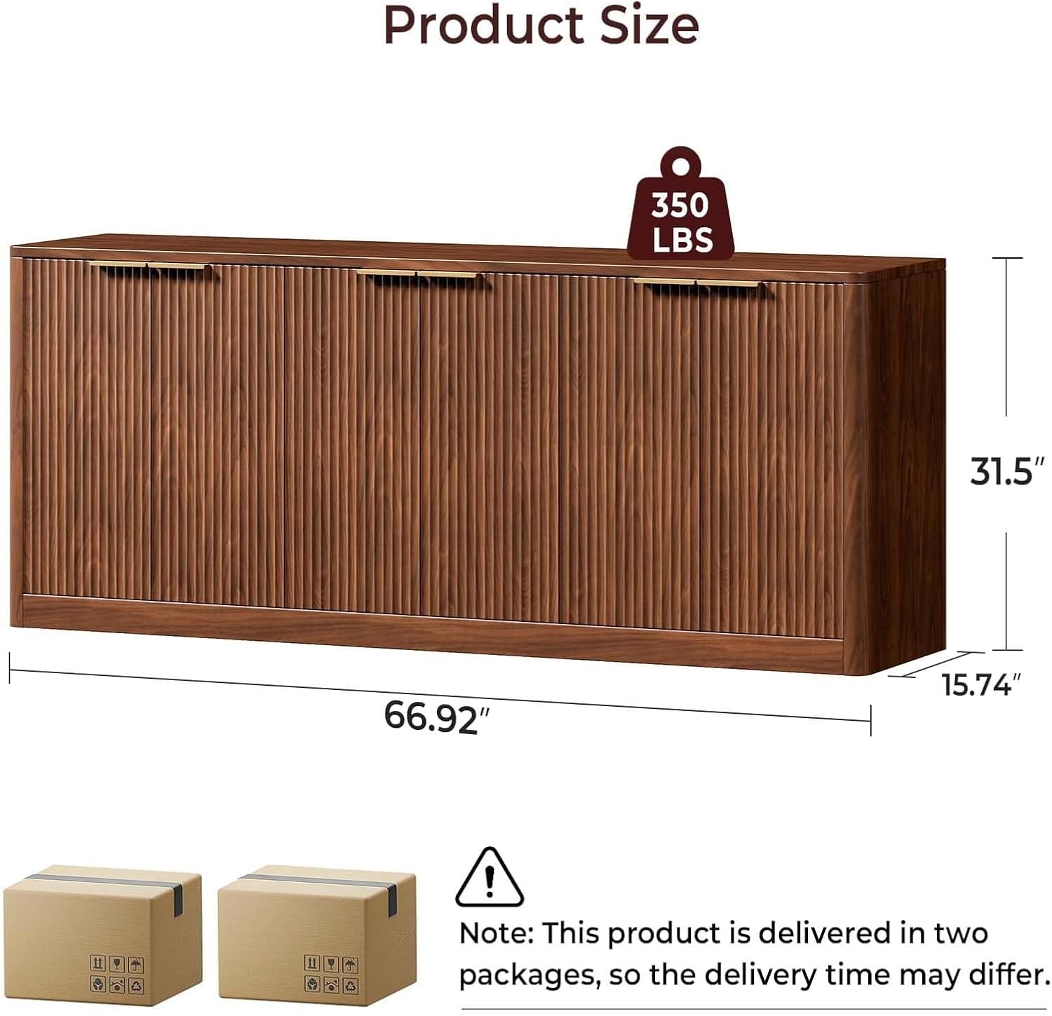 Evermagin 67 Fluted Walnut Buffet Cabinet Sideboard with Storage, Large Credenza with 6 Doors, Wood Mid Century Modern Sideboard for Kitchen and Living Room (67 W*31.5 H*15.7 D)