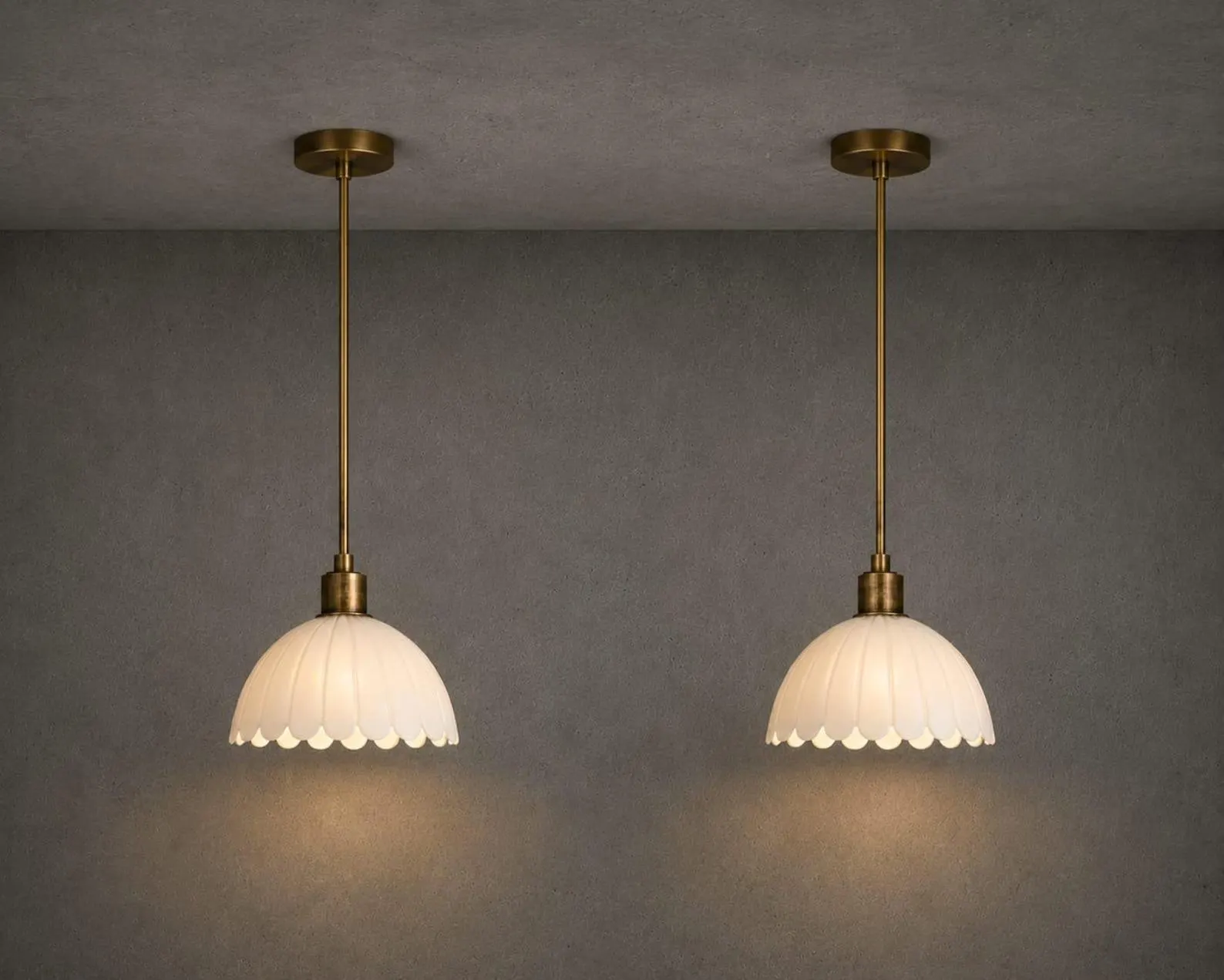 Pair Of Scalloped Pendant Light, Vintage White Pendant Lamp, Brass Ceiling Light, Cottage Kitchen Lighting, Retro Hanging Light