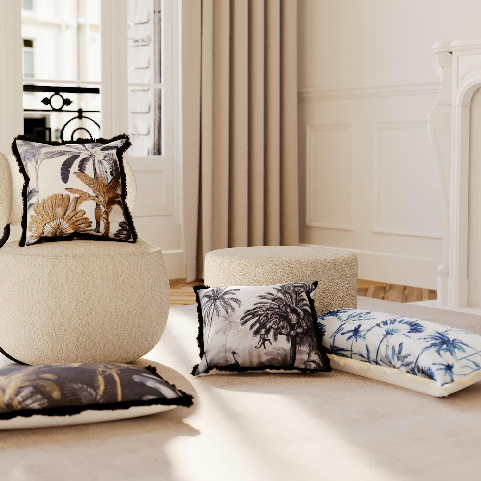 KOBE - Coussin palmiers noir et blanc déhoussable