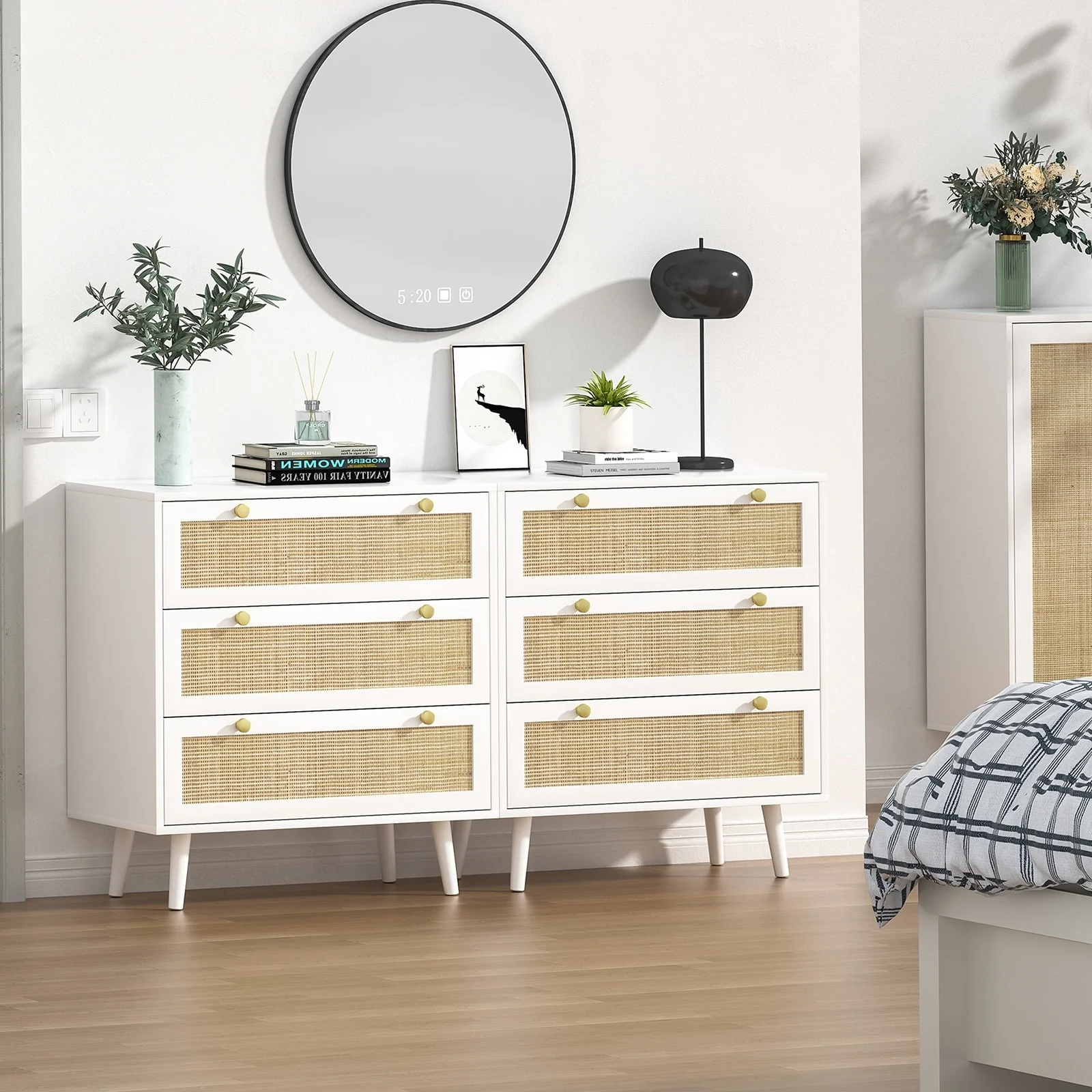 Anmytek Mid-Century Modern 3-Drawer White Dresser Rattan Chest of Drawers Storage Organizer for Bedroom