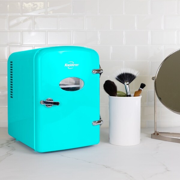 Koolatron 4L Retro Portable Mini Fridge w/ 12V DC and 110V AC Cords, 6 Can Personal Cooler, Aqua