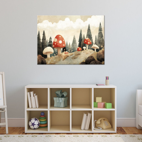 Feeby Obraz do pokoju dziecka, Grzyby Las Drzewa Natura Beżowy 60x40