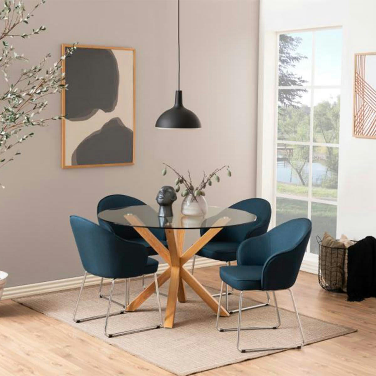 HAVAN - Table à manger ronde 119cm en verre pieds effet bois