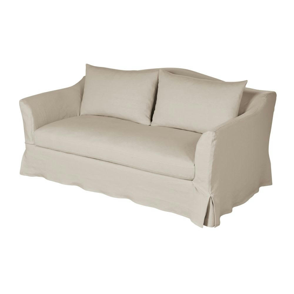 Anaelle - Canapé convertible 2 places en lin supérieur beige, matelas 10 cm