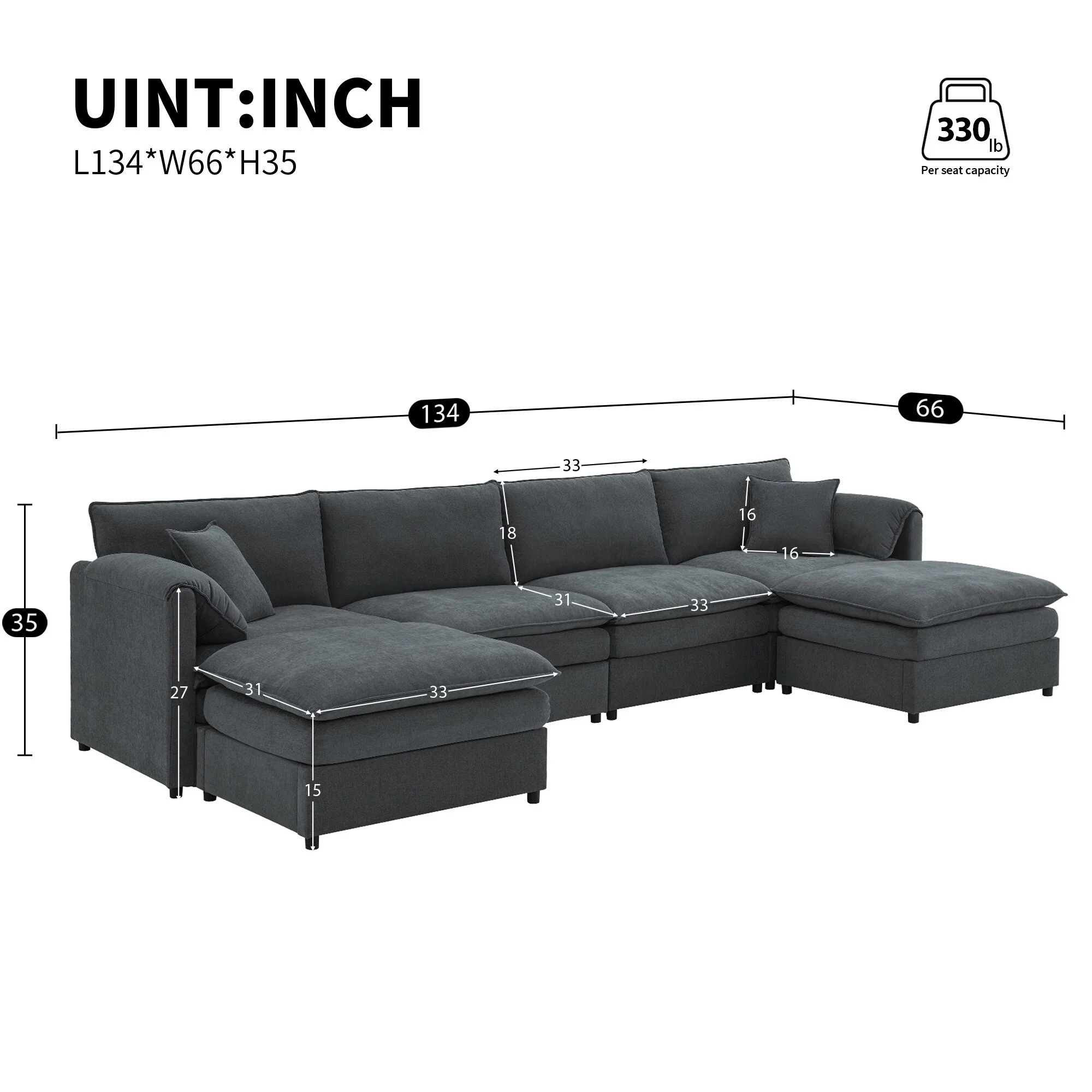 Grey 134 Chenille U-Shaped 6-Seat Modular Sectional Sofa with Double Cushions and Removable Ottomans for Added Comfort