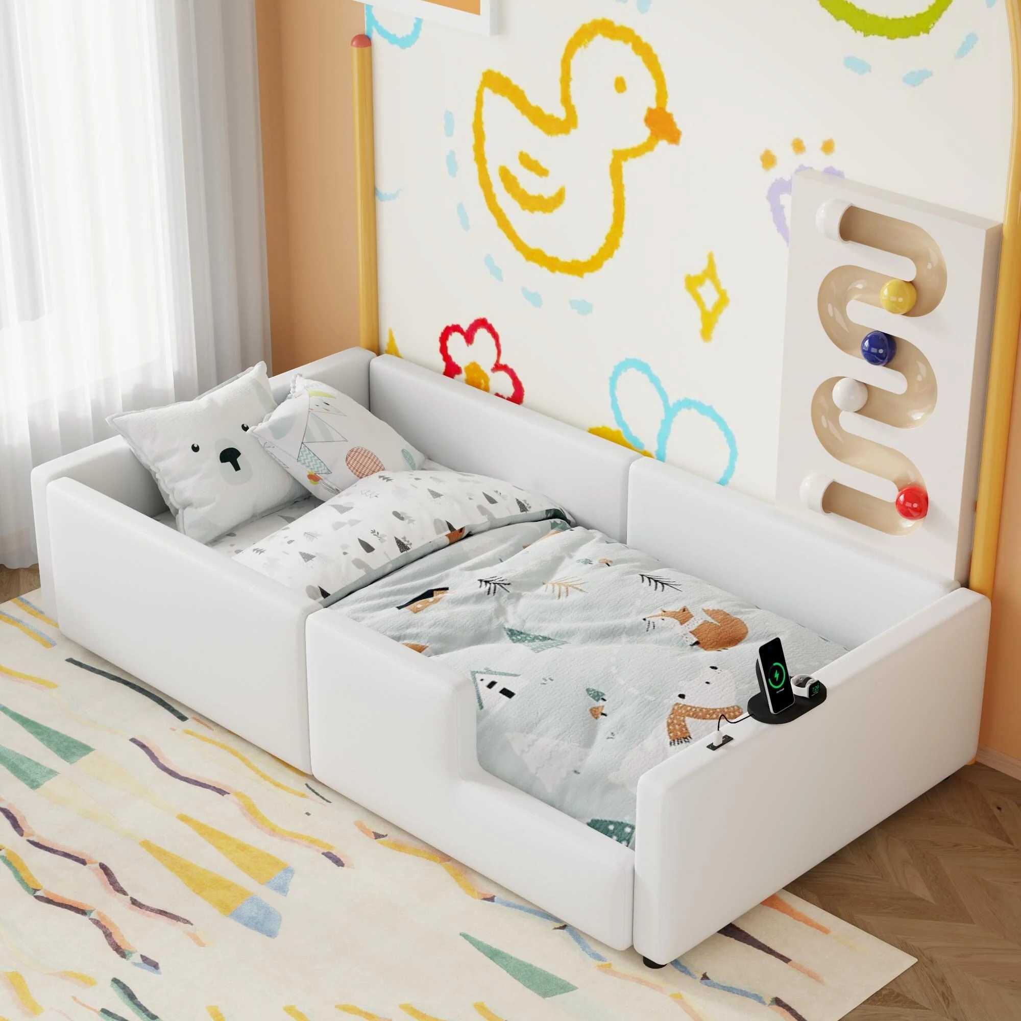 White Floor Bed Frame, Twin Size Upholstered Platform Bed with Slats, Guardrail and Charging Station for Children, Boys & Girls
