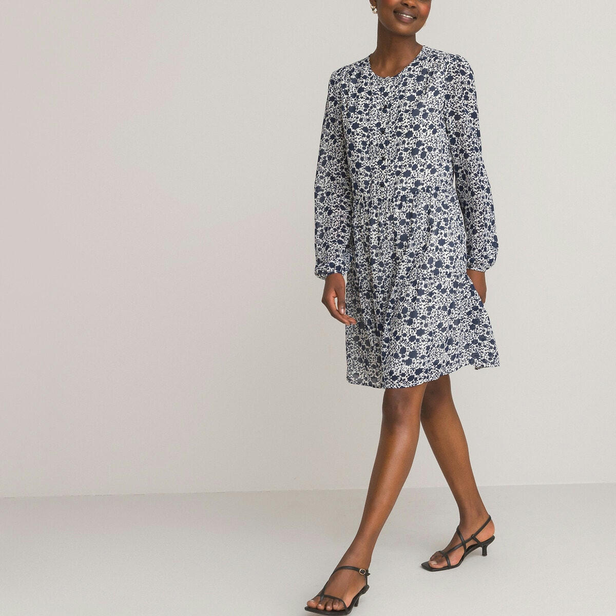 Robe évasée col rond manches longues imprimée