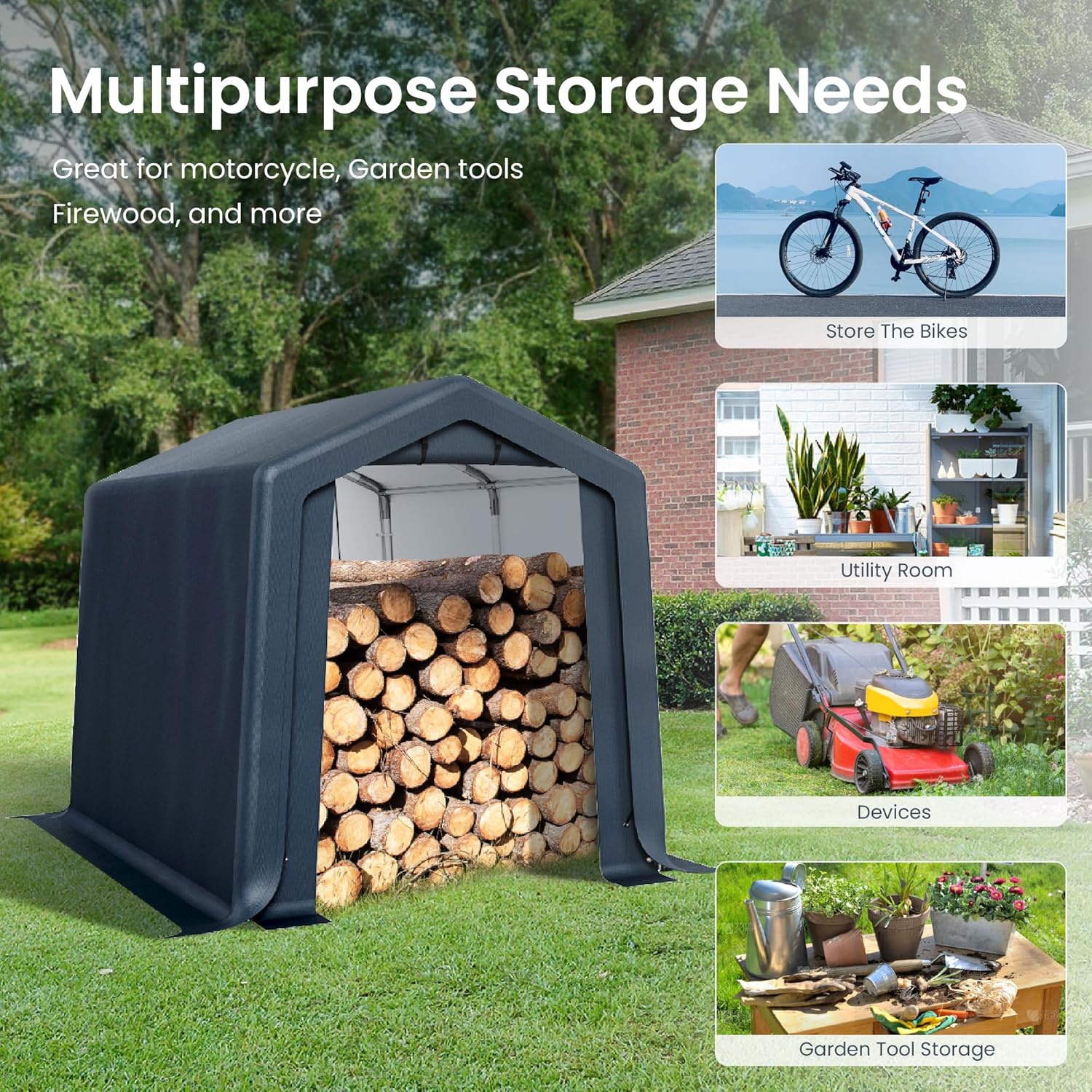 PHI VILLA 6x10ft Storage Shelter Shed, Portable Carports Outdoor Garage Canopy with Roll up Zipper Doors & Vents Waterproof UV Resistant Garages Tent for Cars,Boats,Tools, Motorcycle, Gray