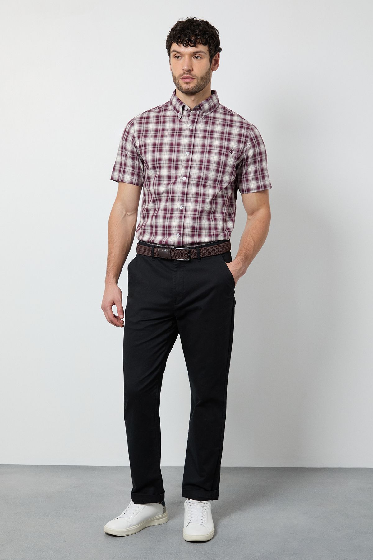 Maine Purple Madras Check Short Sleeve Shirt