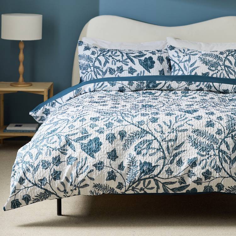 Habitat Foliage Heatset White & Blue Bedding Set - Single